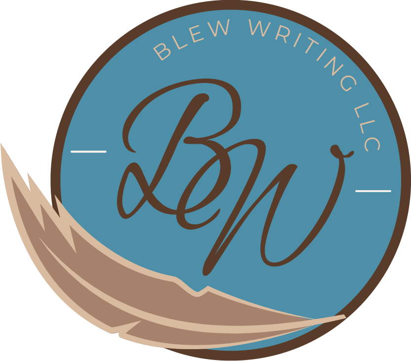 Blue circular logo with a beige and tan feather along the border. Large "B,W" in the center and "BLEW WRITING LLC" curved along the interior, top circumference in small, beige, block letters.